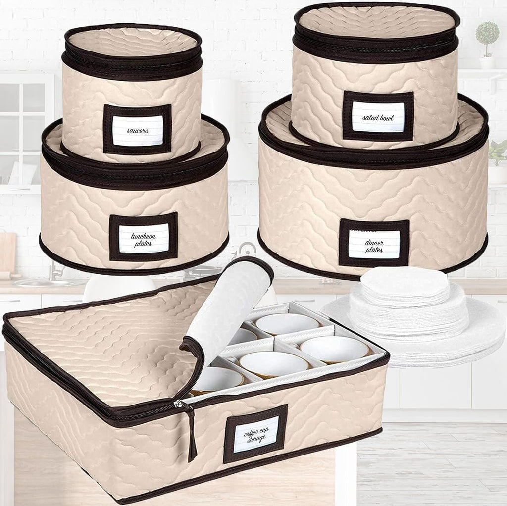 China Storage Containers 5-Piece Set Moving Boxes, Quilted Microfiber | Organize Dinnerware, Glasses, Plates, Mugs, and Saucers with Dividers for Seasonal Storage, Holds Set of 12, Beige
