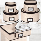 China Storage Containers 5-Piece Set Moving Boxes, Quilted Microfiber | Organize Dinnerware, Glasses, Plates, Mugs, and Saucers with Dividers for Seasonal Storage, Holds Set of 12, Beige
