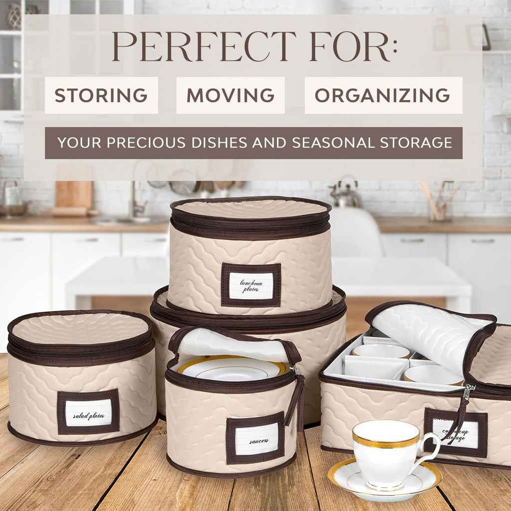 China Storage Containers 5-Piece Set Moving Boxes, Quilted Microfiber | Organize Dinnerware, Glasses, Plates, Mugs, and Saucers with Dividers for Seasonal Storage, Holds Set of 12, Beige