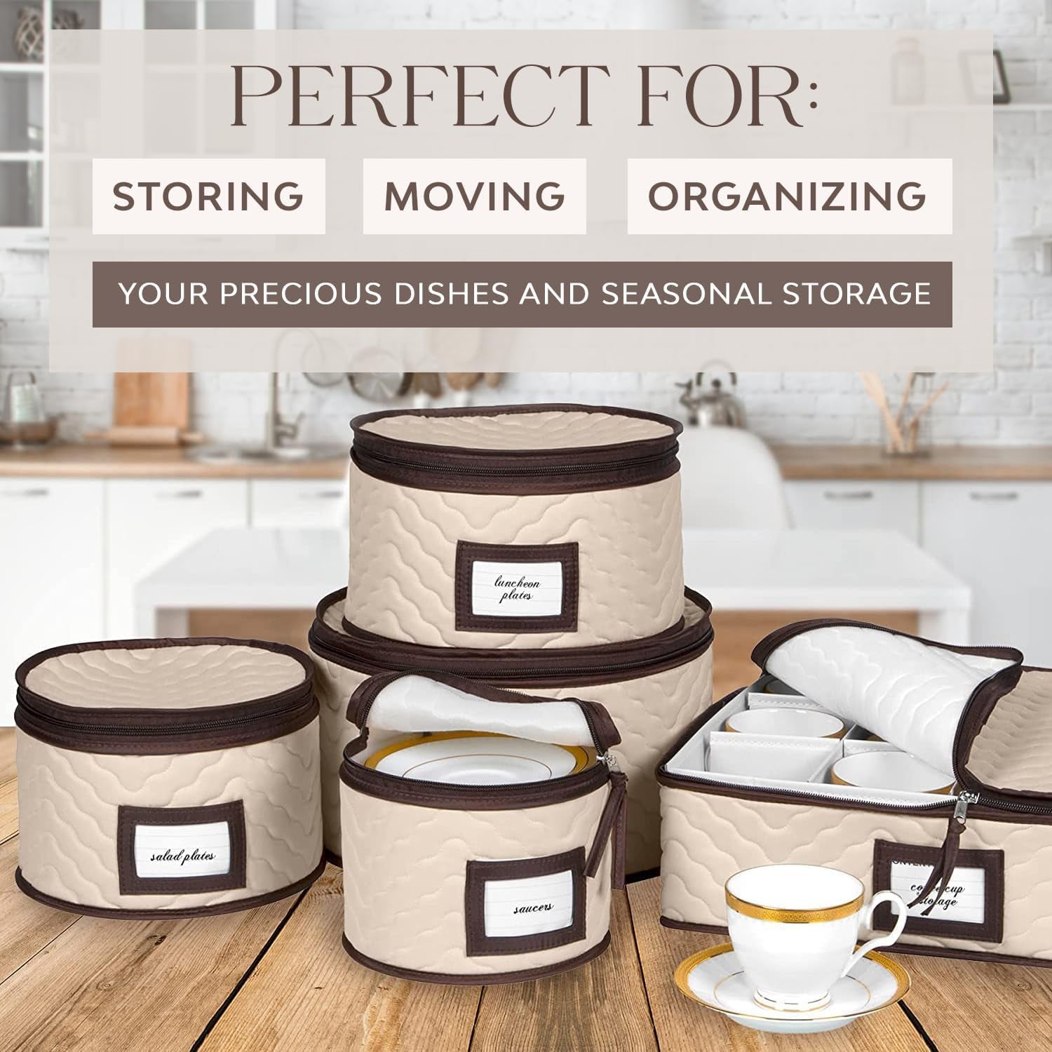China Storage Containers 5-Piece Set Moving Boxes, Quilted Microfiber | Organize Dinnerware, Glasses, Plates, Mugs, and Saucers with Dividers for Seasonal Storage, Holds Set of 12, Beige