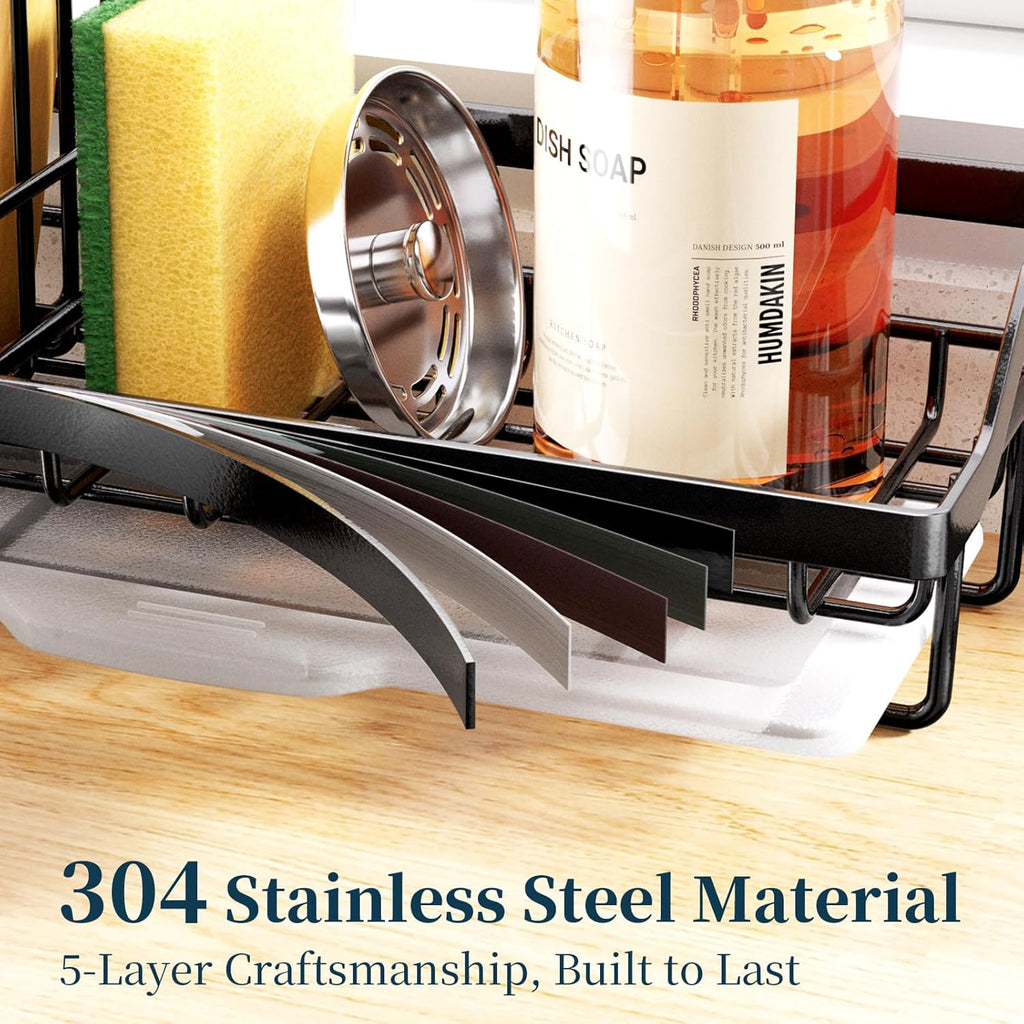 Sponge Holder for Kitchen Sink - Kitchen Sink Caddy Organizer with Removable Drip Tray for Countertop Dish Soap Dispenser Brush Storage Accessories 304 Stainless Steel - Black