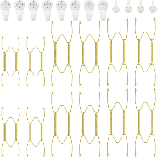12 Pcs Wall Plate Hangers Wire Invisible,6/8/10 Inch,Gold | Adjustable Spring Design Fits Multiple Sizes, Heavy Duty Steel Wire, Includes 12 Wall Hooks for Decorative China Display