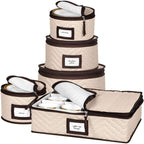 China Storage Containers 5-Piece Set Moving Boxes, Quilted Microfiber | Organize Dinnerware, Glasses, Plates, Mugs, and Saucers with Dividers for Seasonal Storage, Holds Set of 12, Beige