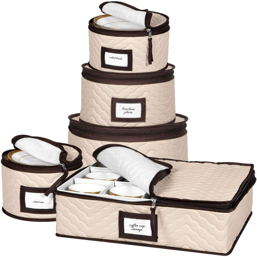 China Storage Containers 5-Piece Set Moving Boxes, Quilted Microfiber | Organize Dinnerware, Glasses, Plates, Mugs, and Saucers with Dividers for Seasonal Storage, Holds Set of 12, Beige