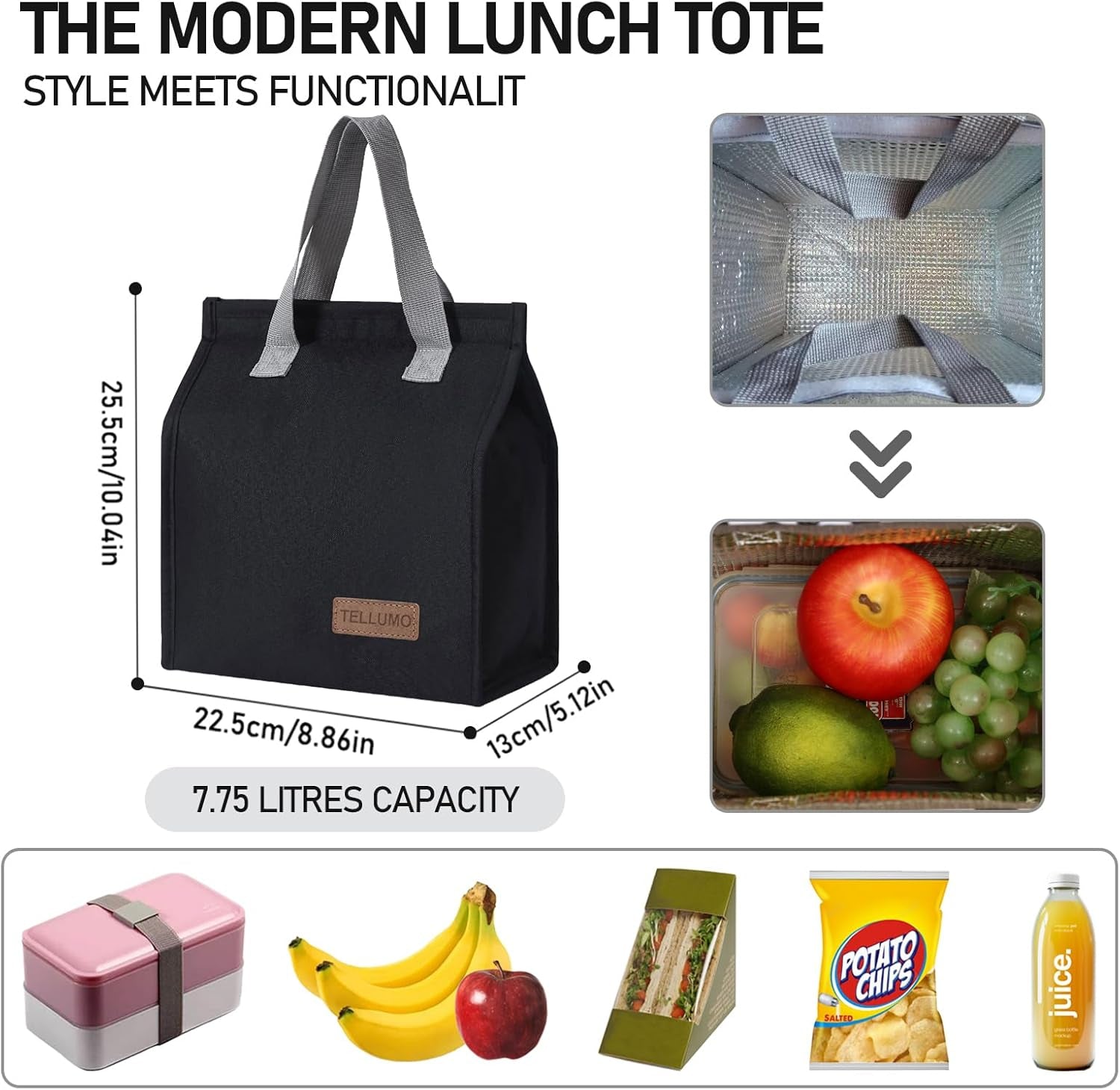 Insulated Lunch Bag for Men Women, Large Reusable Leakproof Lunch Box Container, Small Portable Thermal Snack Bag, Reusable Travel Office Work Beach Black Cooler Tote Bag for Adults, Dark