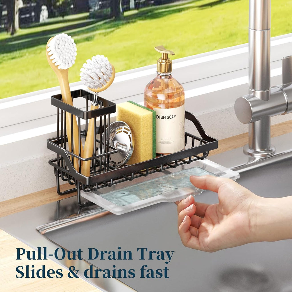 Sponge Holder for Kitchen Sink - Kitchen Sink Caddy Organizer with Removable Drip Tray for Countertop Dish Soap Dispenser Brush Storage Accessories 304 Stainless Steel - Black
