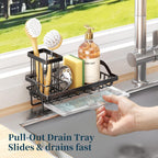 Sponge Holder for Kitchen Sink - Kitchen Sink Caddy Organizer with Removable Drip Tray for Countertop Dish Soap Dispenser Brush Storage Accessories 304 Stainless Steel - Black