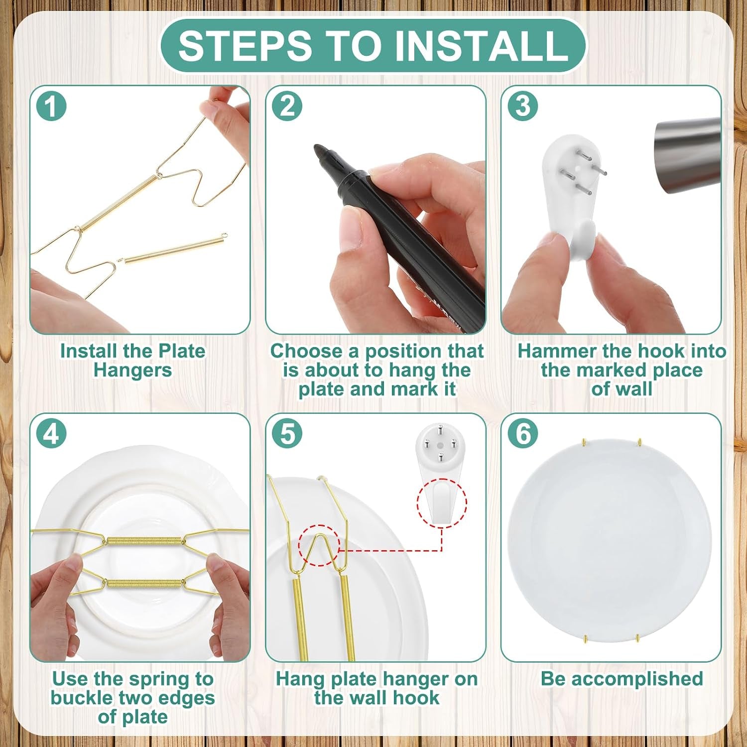 12 Pcs Wall Plate Hangers Wire Invisible,6/8/10 Inch,Gold | Adjustable Spring Design Fits Multiple Sizes, Heavy Duty Steel Wire, Includes 12 Wall Hooks for Decorative China Display