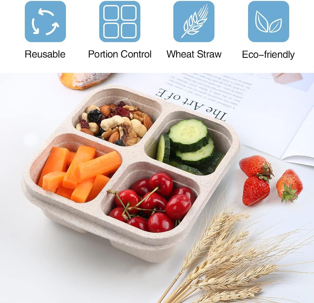 4 Pack Snack Containers, 4 Compartments Bento Snack Box, Reusable Meal Prep Lunch Containers for Kids Adults, Divided Food Storage Containers for School Work Travel