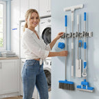 Mop Broom Holder Wall Mount Metal Pantry Organization and Storage Garden Kitchen Tool Organizer Wall Hanger for Home Goods (4 Positions with 4 Hooks, Silver)