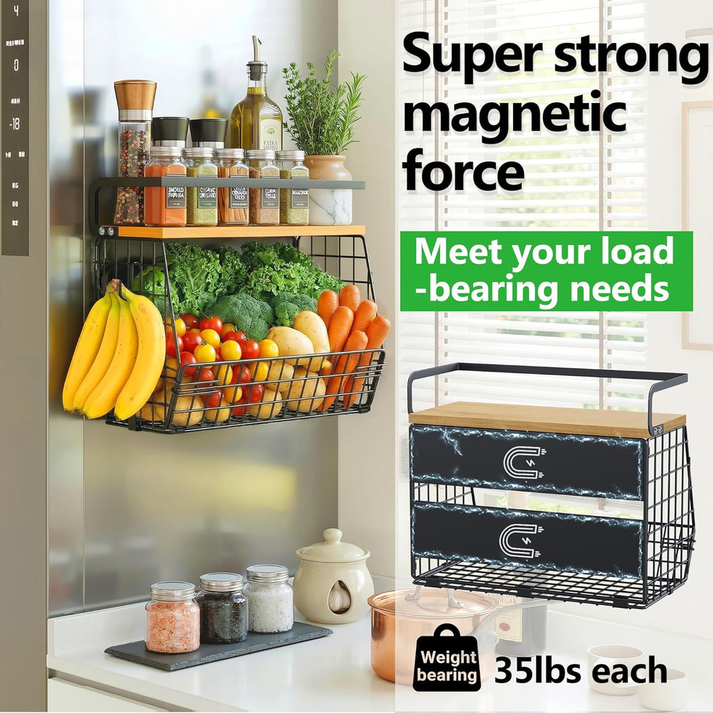 Magnetic Shelf for Fridge with Wood Lid, Fruit Potato & Onion Storage Bins, Magnetic Spice Rack for Refrigerator Pantry Organizer & Storage, Large Container for Refrigerator, Kitchen Counter & Laundry