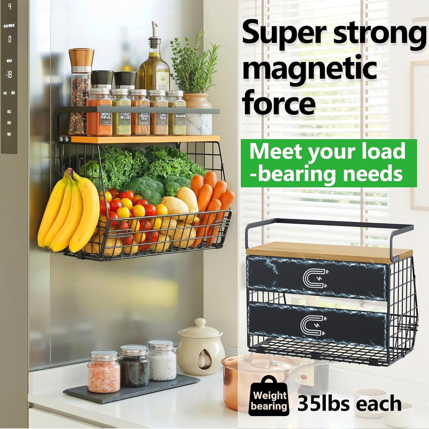 Magnetic Shelf for Fridge with Wood Lid, Fruit Potato & Onion Storage Bins, Magnetic Spice Rack for Refrigerator Pantry Organizer & Storage, Large Container for Refrigerator, Kitchen Counter & Laundry