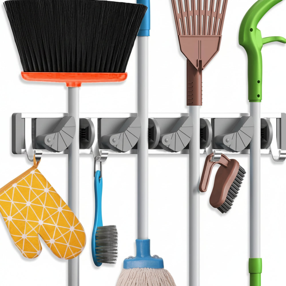 Mop Broom Holder Wall Mount Metal Pantry Organization and Storage Garden Kitchen Tool Organizer Wall Hanger for Home Goods (4 Positions with 4 Hooks, Silver)