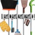 Mop Broom Holder Wall Mount Metal Pantry Organization and Storage Garden Kitchen Tool Organizer Wall Hanger for Home Goods (4 Positions with 4 Hooks, Silver)