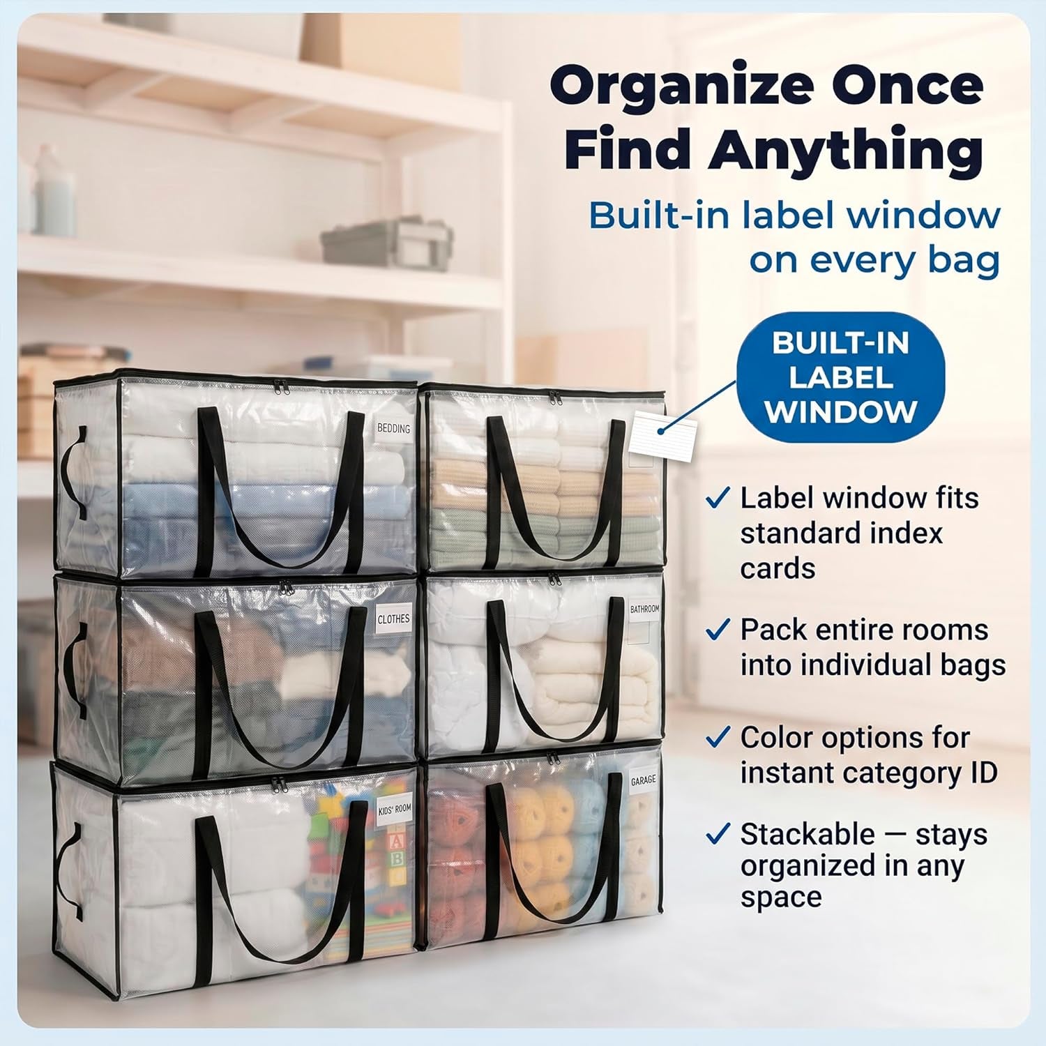 Heavy Duty Moving Bags - Water Resistant Storage Bags with Backpack Straps, Zippers and Handles - Large Moving Boxes for College Dorm, Travel, Closet Organization - 6 Pack, Clear | Heavy-Duty Moving Bags with Backpack Straps, Zippers, and Handles Provide Durable Storage for Moving, Travel, and Closets.