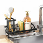 Sponge Holder for Kitchen Sink - Kitchen Sink Caddy Organizer with Removable Drip Tray for Countertop Dish Soap Dispenser Brush Storage Accessories 304 Stainless Steel - Black