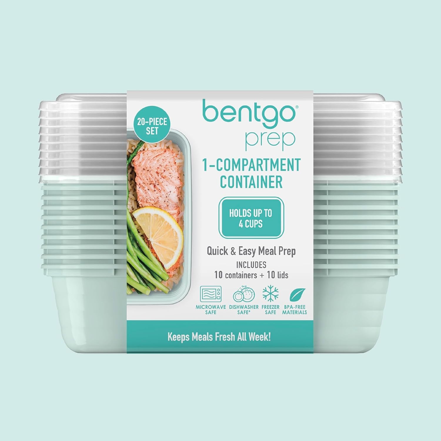 Bentgo Prep Meal Prep Containers with Lids, 20 Piece, PFAS & Bpa-Free | 4-Cup Capacity, Portion Control, Stackable, Microwave, Freezer & Dishwasher-Safe, Reusable (Mint)