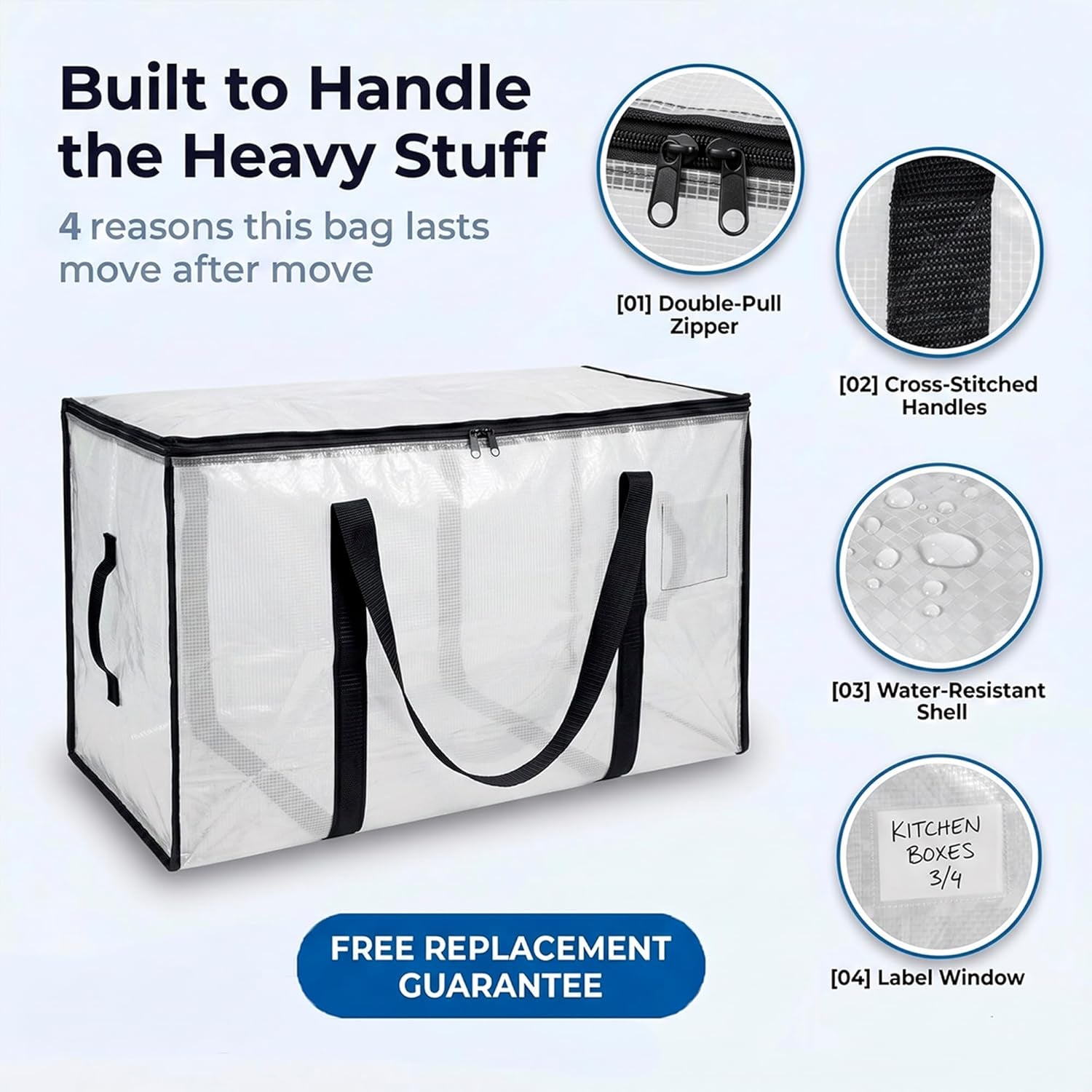 Heavy Duty Moving Bags - Water Resistant Storage Bags with Backpack Straps, Zippers and Handles - Large Moving Boxes for College Dorm, Travel, Closet Organization - 6 Pack, Clear | Heavy-Duty Moving Bags with Backpack Straps, Zippers, and Handles Provide Durable Storage for Moving, Travel, and Closets.