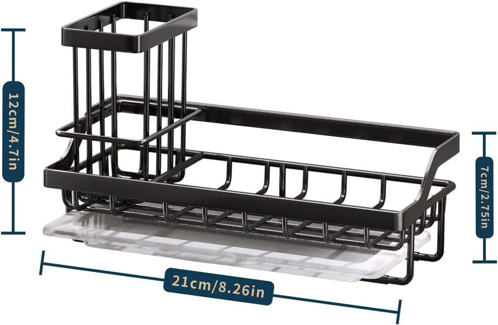 Sponge Holder for Kitchen Sink - Kitchen Sink Caddy Organizer with Removable Drip Tray for Countertop Dish Soap Dispenser Brush Storage Accessories 304 Stainless Steel - Black
