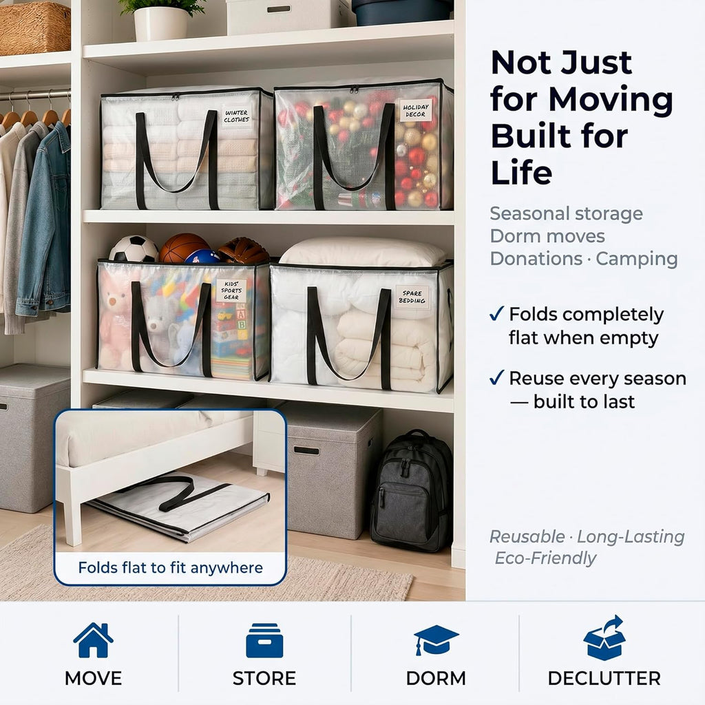 Heavy Duty Moving Bags - Water Resistant Storage Bags with Backpack Straps, Zippers and Handles - Large Moving Boxes for College Dorm, Travel, Closet Organization - 6 Pack, Clear | Heavy-Duty Moving Bags with Backpack Straps, Zippers, and Handles Provide Durable Storage for Moving, Travel, and Closets.
