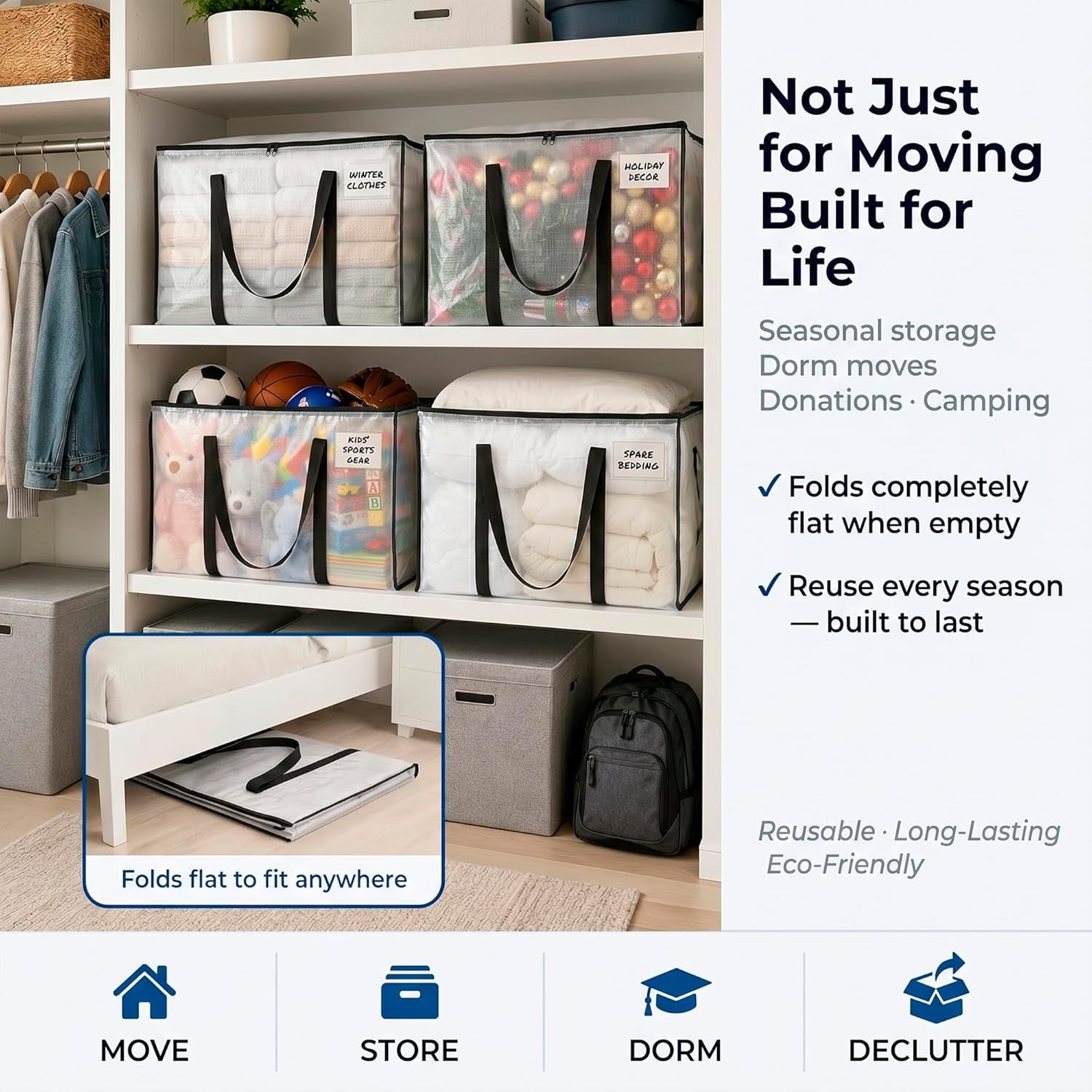 Heavy Duty Moving Bags - Water Resistant Storage Bags with Backpack Straps, Zippers and Handles - Large Moving Boxes for College Dorm, Travel, Closet Organization - 6 Pack, Clear | Heavy-Duty Moving Bags with Backpack Straps, Zippers, and Handles Provide Durable Storage for Moving, Travel, and Closets.