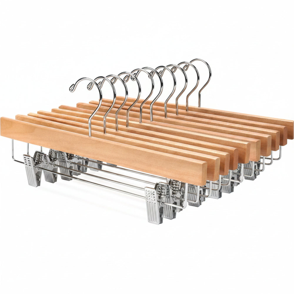 Wooden Pants Skirt Hangers with Clips, Natural, Pack of 10 | Lotus Wood Bottom Jeans Skirt Hanger with anti Rust Hook