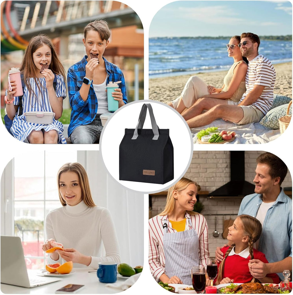 Insulated Lunch Bag for Men Women, Large Reusable Leakproof Lunch Box Container, Small Portable Thermal Snack Bag, Reusable Travel Office Work Beach Black Cooler Tote Bag for Adults, Dark
