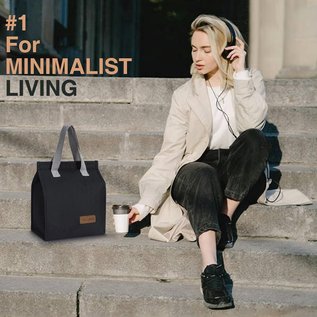 Insulated Lunch Bag for Men Women, Large Reusable Leakproof Lunch Box Container, Small Portable Thermal Snack Bag, Reusable Travel Office Work Beach Black Cooler Tote Bag for Adults, Dark