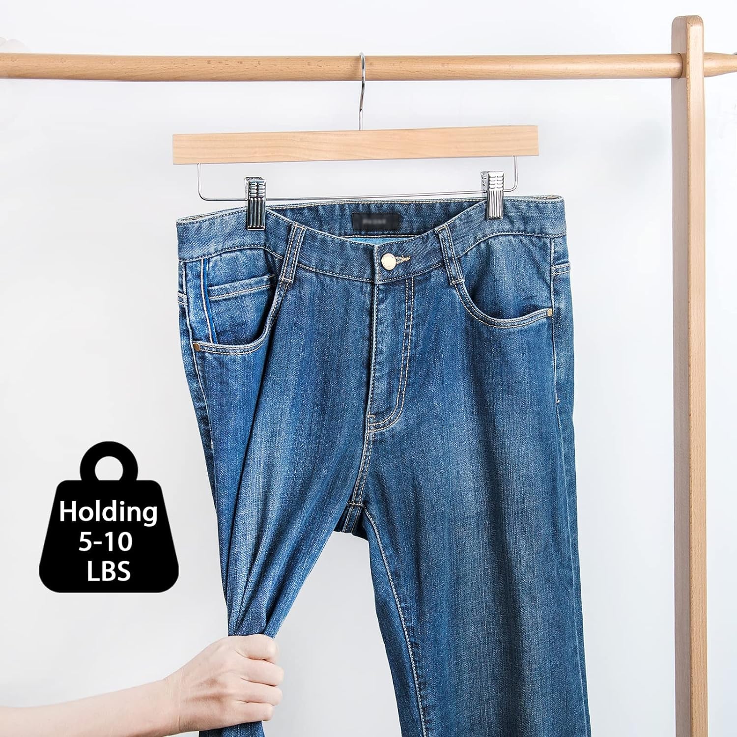 Wooden Pants Skirt Hangers with Clips, Natural, Pack of 10 | Lotus Wood Bottom Jeans Skirt Hanger with anti Rust Hook