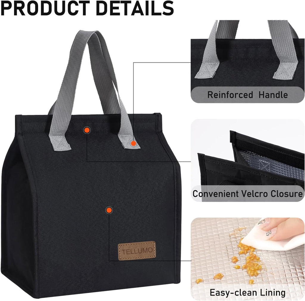 Insulated Lunch Bag for Men Women, Large Reusable Leakproof Lunch Box Container, Small Portable Thermal Snack Bag, Reusable Travel Office Work Beach Black Cooler Tote Bag for Adults, Dark
