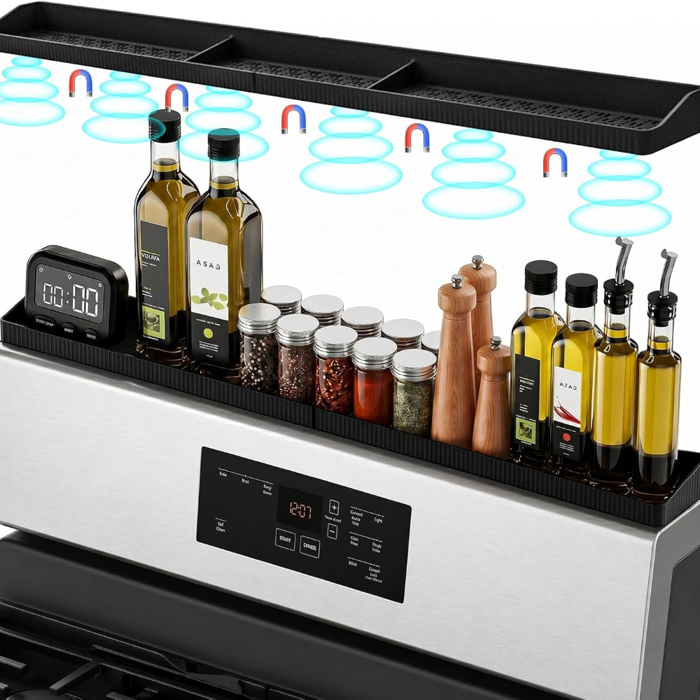 30" Magnetic Stove Top Shelf, Silicone over the Stove Spice Rack Organizer | Heat Resistant Silicone, Anti-Rattle No-Scratch Range Shelf, 3 Functional Partitions Kitchen Storage for Spices