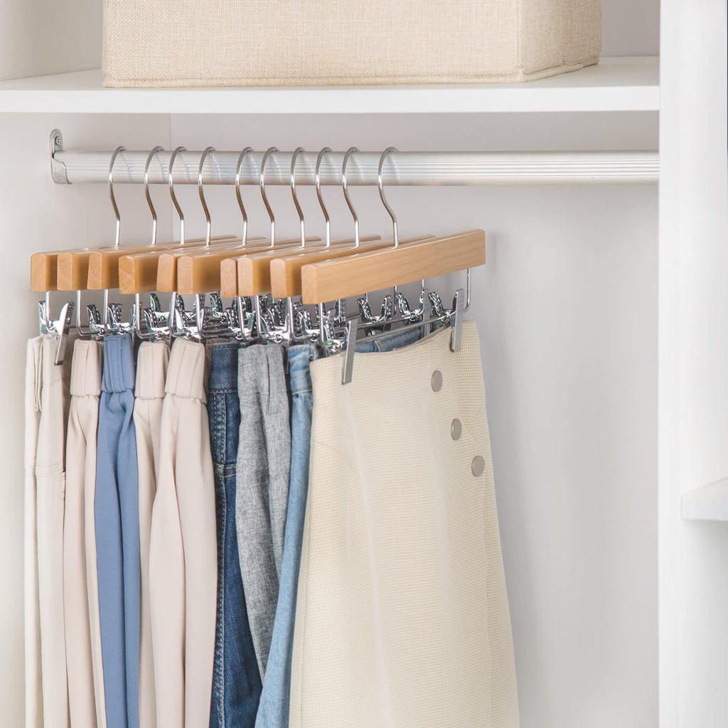 Wooden Pants Skirt Hangers with Clips, Natural, Pack of 10 | Lotus Wood Bottom Jeans Skirt Hanger with anti Rust Hook