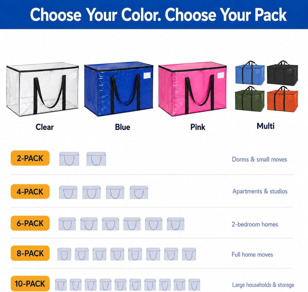 Heavy Duty Moving Bags - Water Resistant Storage Bags with Backpack Straps, Zippers and Handles - Large Moving Boxes for College Dorm, Travel, Closet Organization - 6 Pack, Clear | Heavy-Duty Moving Bags with Backpack Straps, Zippers, and Handles Provide Durable Storage for Moving, Travel, and Closets.