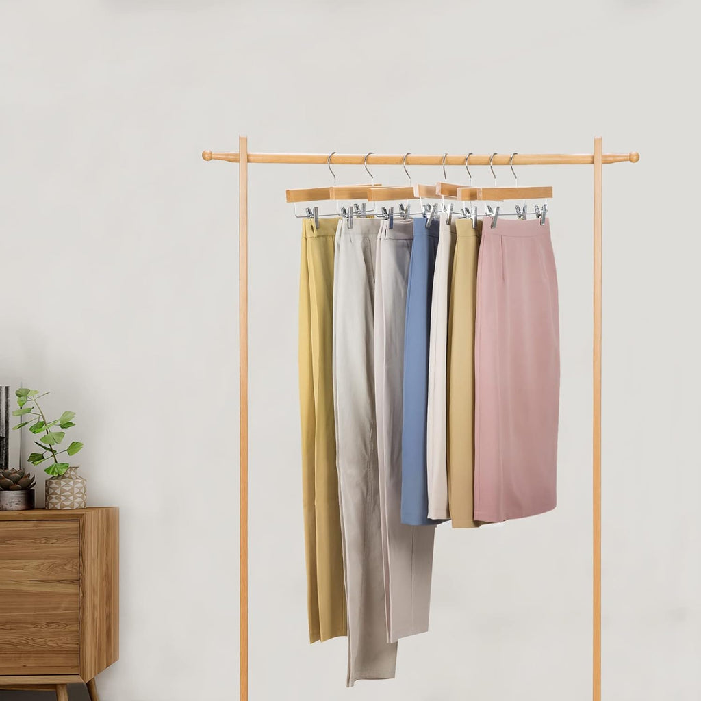Wooden Pants Skirt Hangers with Clips, Natural, Pack of 10 | Lotus Wood Bottom Jeans Skirt Hanger with anti Rust Hook