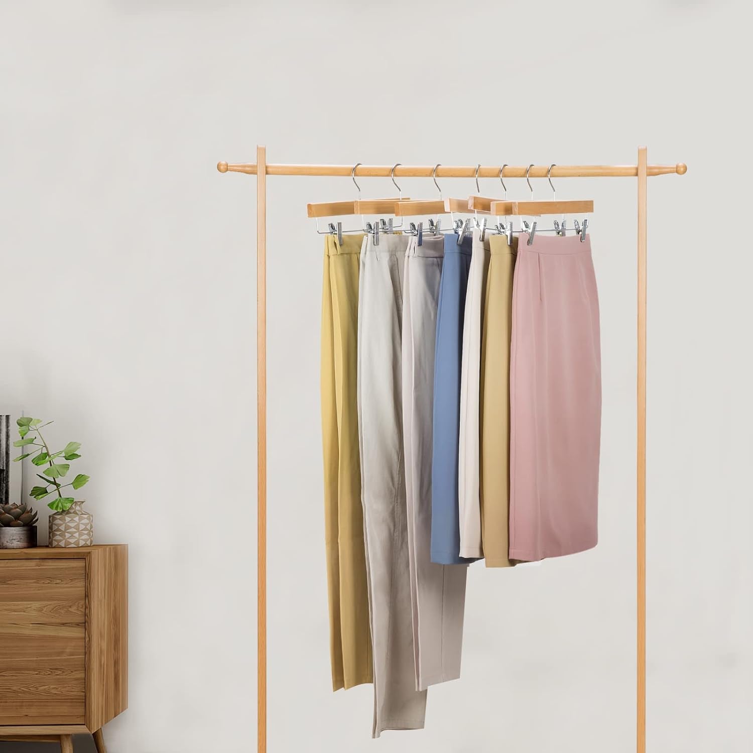 Wooden Pants Skirt Hangers with Clips, Natural, Pack of 10 | Lotus Wood Bottom Jeans Skirt Hanger with anti Rust Hook