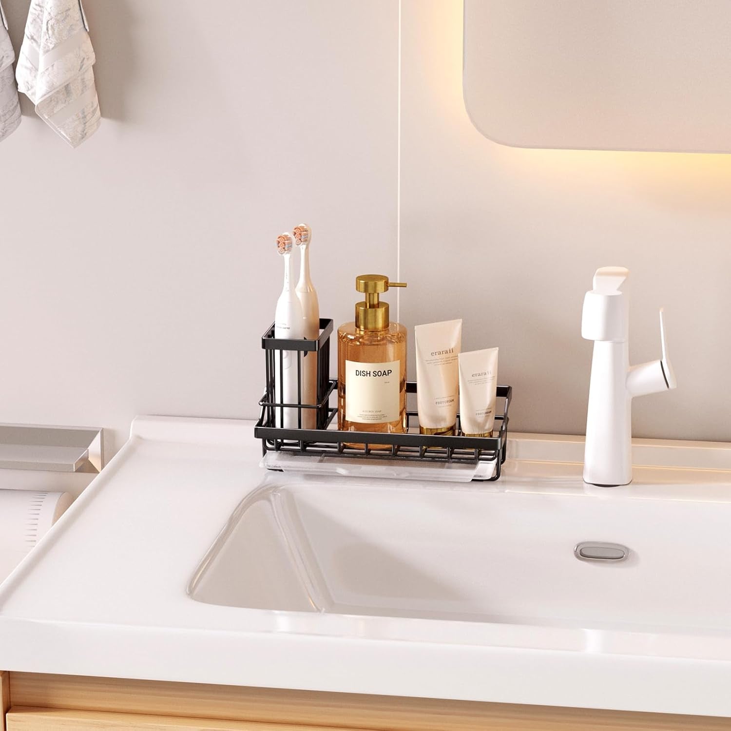 Sponge Holder for Kitchen Sink - Kitchen Sink Caddy Organizer with Removable Drip Tray for Countertop Dish Soap Dispenser Brush Storage Accessories 304 Stainless Steel - Black