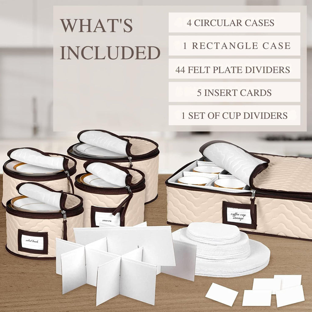 China Storage Containers 5-Piece Set Moving Boxes, Quilted Microfiber | Organize Dinnerware, Glasses, Plates, Mugs, and Saucers with Dividers for Seasonal Storage, Holds Set of 12, Beige