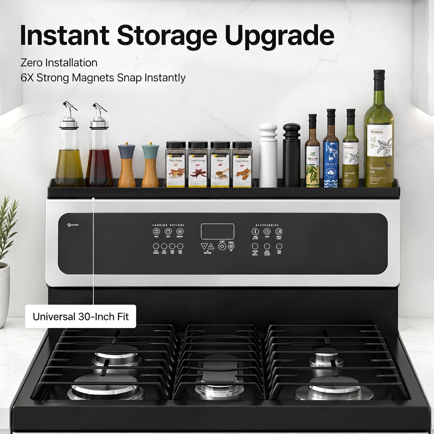 30" Magnetic Stove Top Shelf, Silicone over the Stove Spice Rack Organizer | Heat Resistant Silicone, Anti-Rattle No-Scratch Range Shelf, 3 Functional Partitions Kitchen Storage for Spices