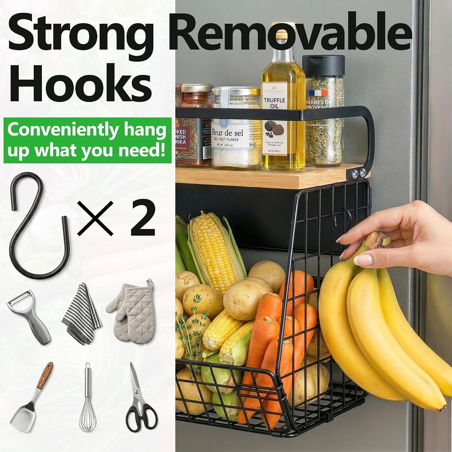 Magnetic Shelf for Fridge with Wood Lid, Fruit Potato & Onion Storage Bins, Magnetic Spice Rack for Refrigerator Pantry Organizer & Storage, Large Container for Refrigerator, Kitchen Counter & Laundry