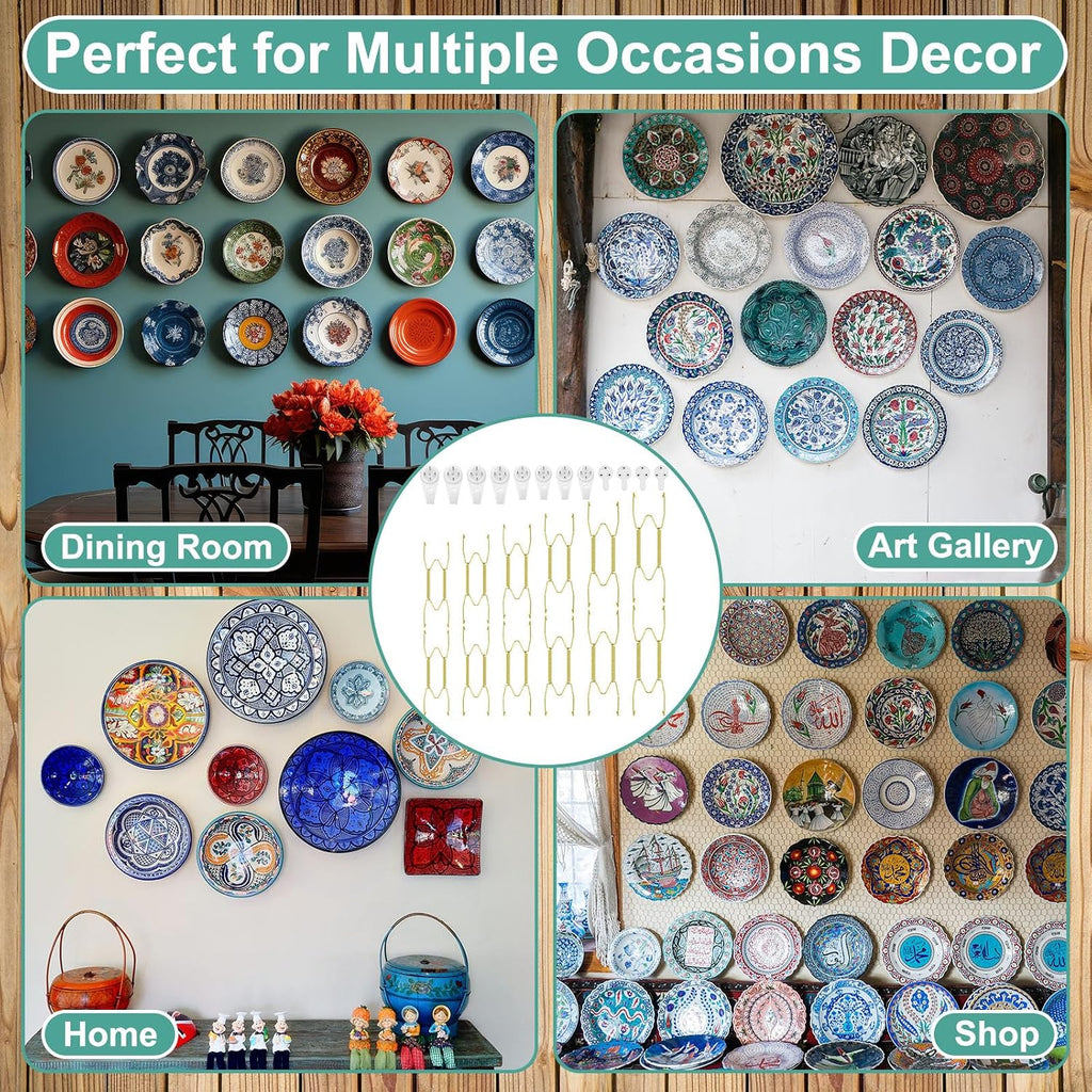 12 Pcs Wall Plate Hangers Wire Invisible,6/8/10 Inch,Gold | Adjustable Spring Design Fits Multiple Sizes, Heavy Duty Steel Wire, Includes 12 Wall Hooks for Decorative China Display