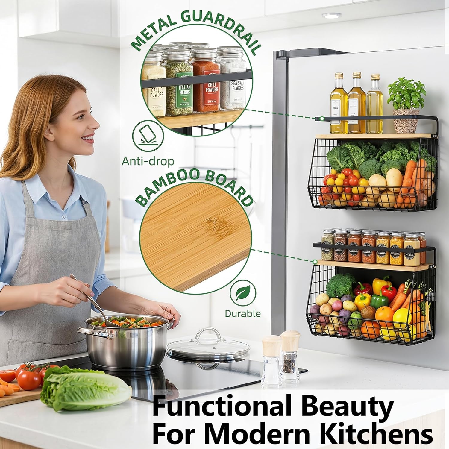 Magnetic Shelf for Fridge with Wood Lid, Fruit Potato & Onion Storage Bins, Magnetic Spice Rack for Refrigerator Pantry Organizer & Storage, Large Container for Refrigerator, Kitchen Counter & Laundry