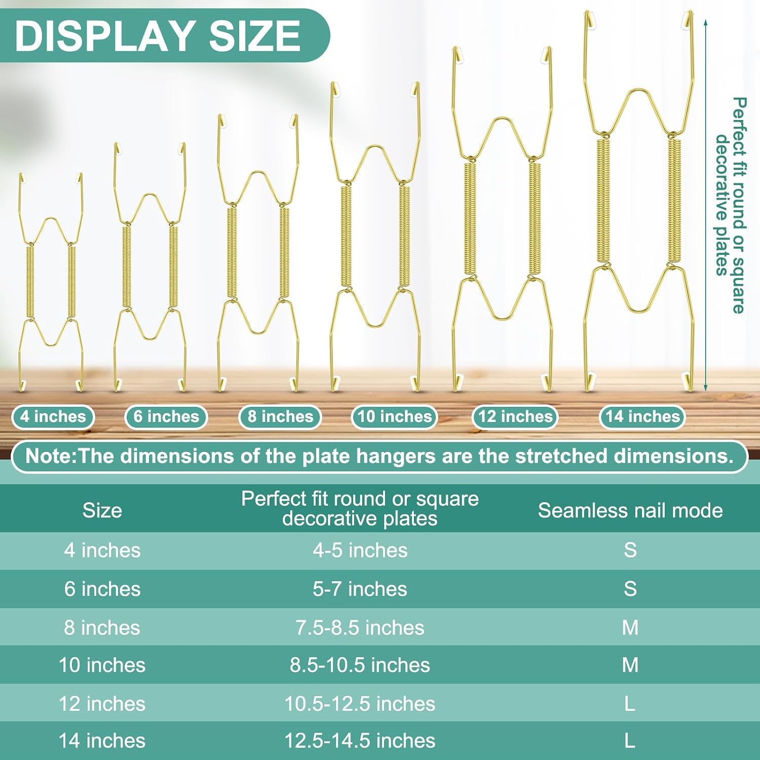 12 Pcs Wall Plate Hangers Wire Invisible,6/8/10 Inch,Gold | Adjustable Spring Design Fits Multiple Sizes, Heavy Duty Steel Wire, Includes 12 Wall Hooks for Decorative China Display