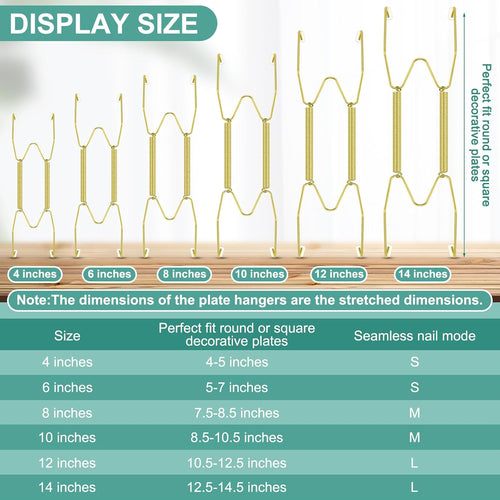 12 Pcs Wall Plate Hangers Wire Invisible,6/8/10 Inch,Gold | Adjustable Spring Design Fits Multiple Sizes, Heavy Duty Steel Wire, Includes 12 Wall Hooks for Decorative China Display