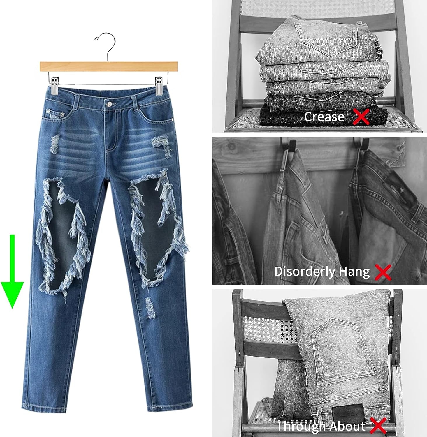 Wooden Pants Skirt Hangers with Clips, Natural, Pack of 10 | Lotus Wood Bottom Jeans Skirt Hanger with anti Rust Hook