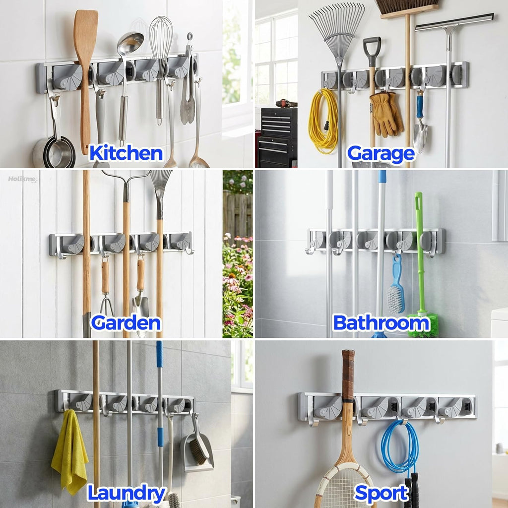 Mop Broom Holder Wall Mount Metal Pantry Organization and Storage Garden Kitchen Tool Organizer Wall Hanger for Home Goods (4 Positions with 4 Hooks, Silver)