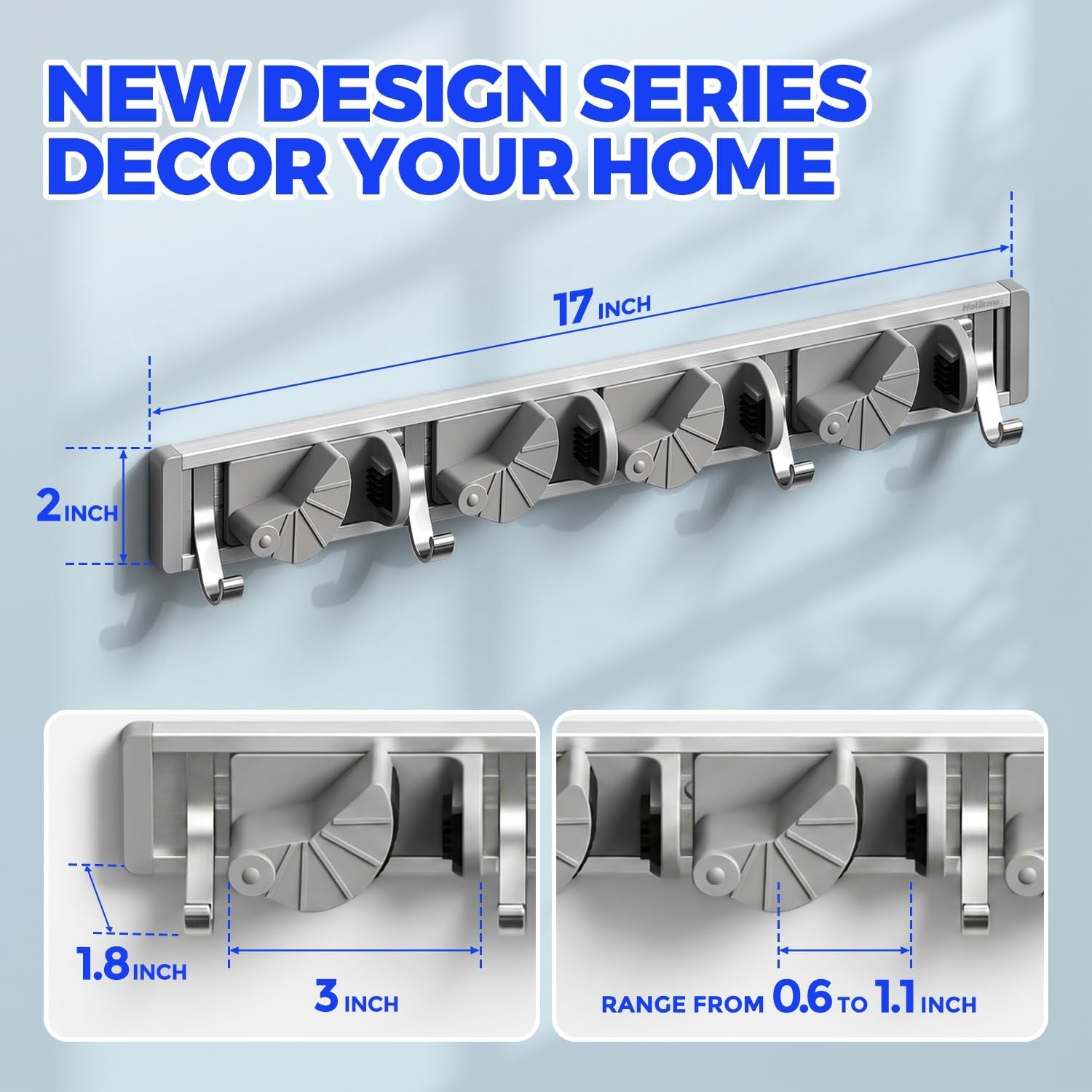 Mop Broom Holder Wall Mount Metal Pantry Organization and Storage Garden Kitchen Tool Organizer Wall Hanger for Home Goods (4 Positions with 4 Hooks, Silver)