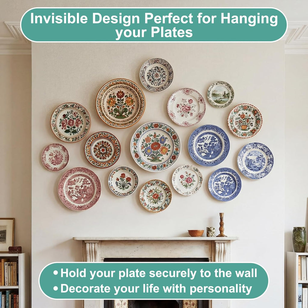 12 Pcs Wall Plate Hangers Wire Invisible,6/8/10 Inch,Gold | Adjustable Spring Design Fits Multiple Sizes, Heavy Duty Steel Wire, Includes 12 Wall Hooks for Decorative China Display