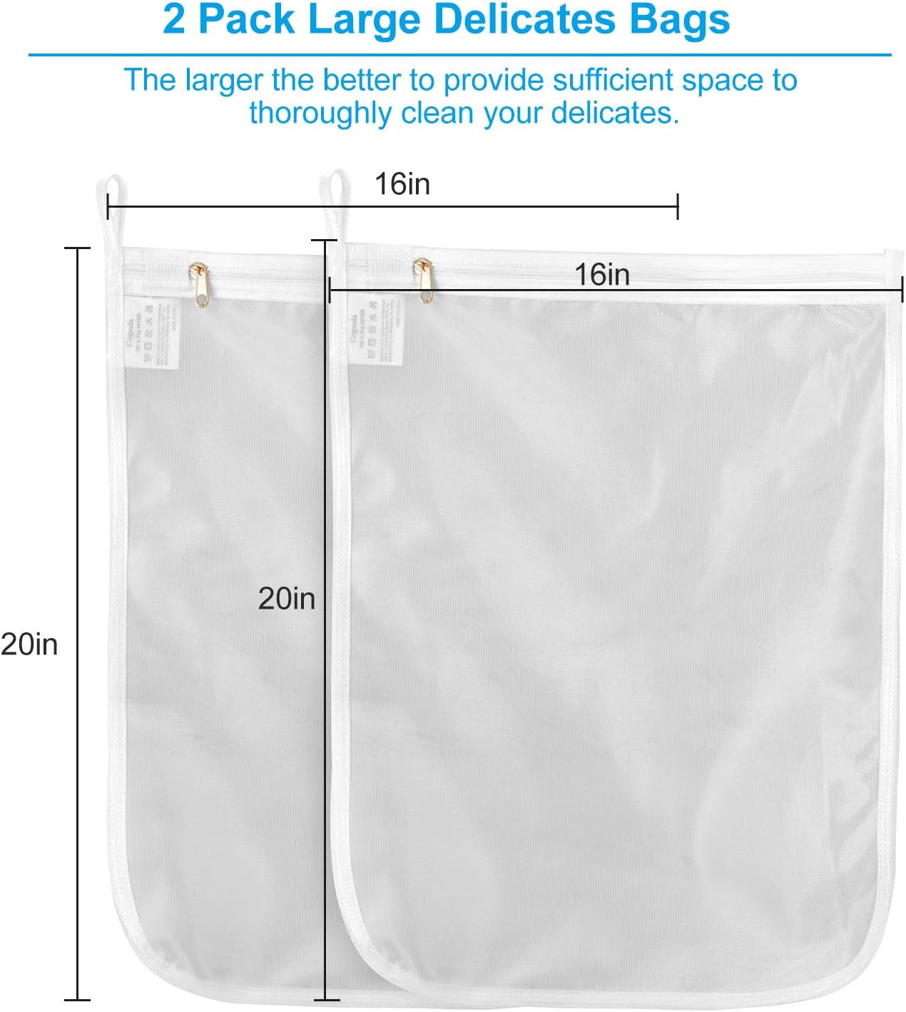 2 Pack Delicates Laundry Bags, Fine Mesh Wash Bag with Hanging Loop | Large for Lingerie, Shirts, Sweaters, Underwear, Bra, Silk, Socks