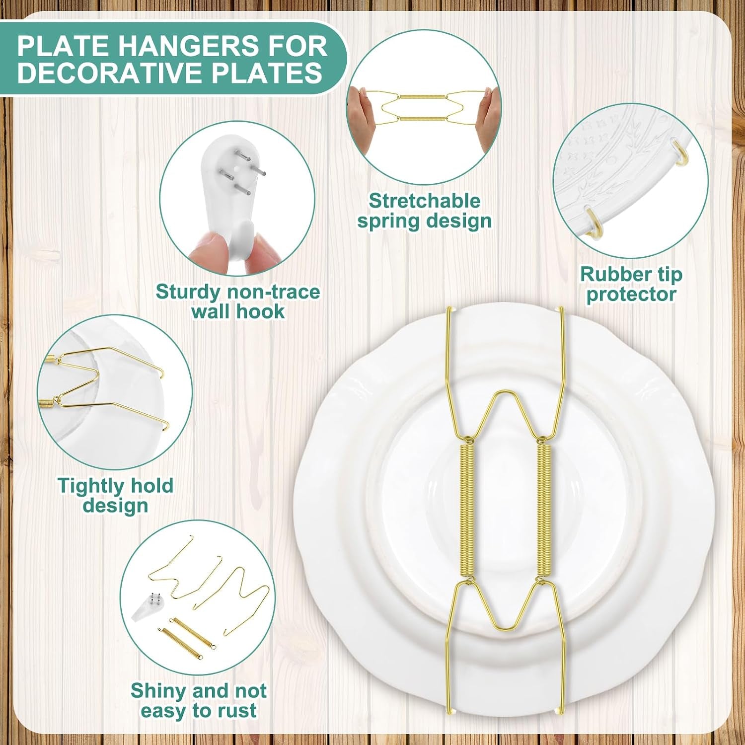 12 Pcs Wall Plate Hangers Wire Invisible,6/8/10 Inch,Gold | Adjustable Spring Design Fits Multiple Sizes, Heavy Duty Steel Wire, Includes 12 Wall Hooks for Decorative China Display