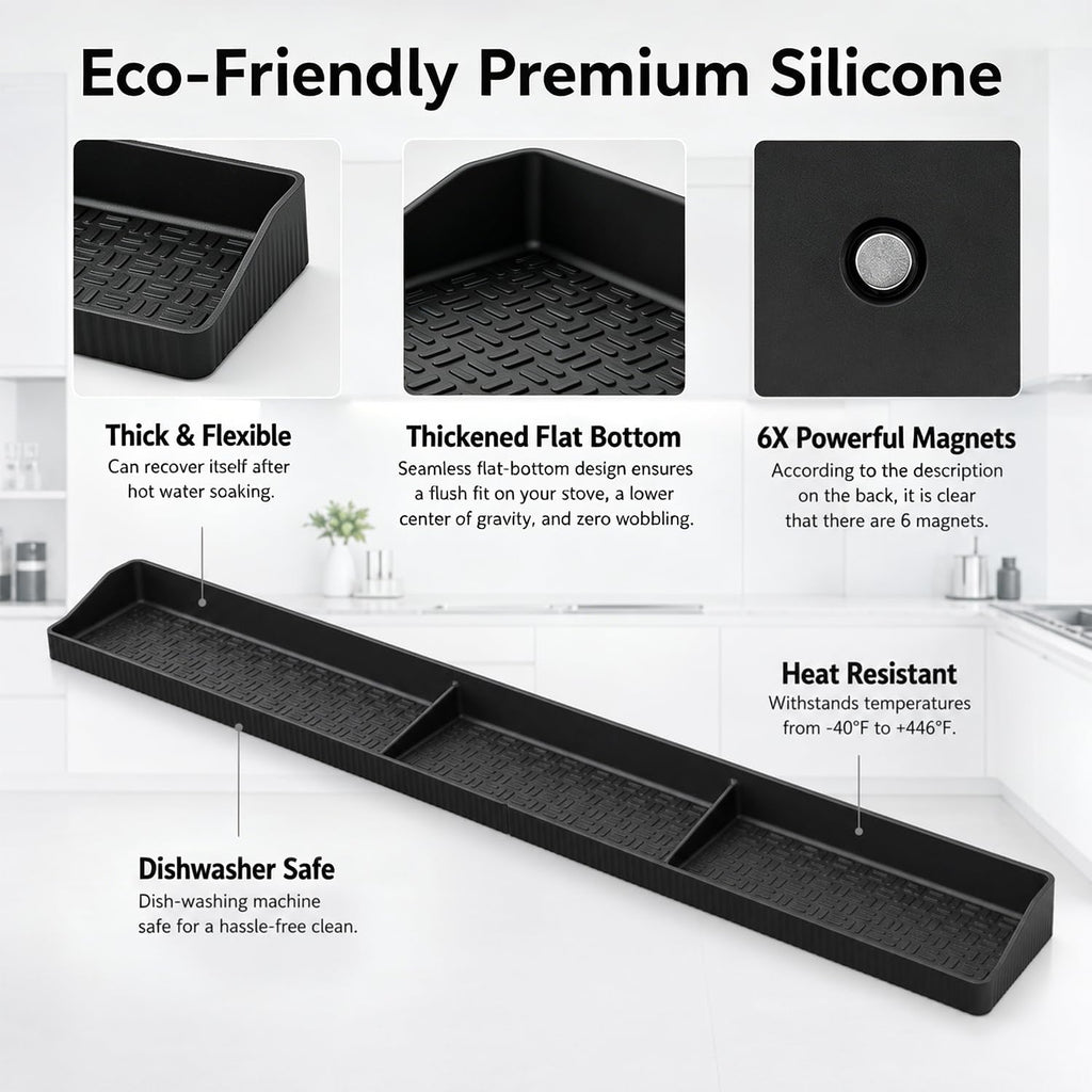 30" Magnetic Stove Top Shelf, Silicone over the Stove Spice Rack Organizer | Heat Resistant Silicone, Anti-Rattle No-Scratch Range Shelf, 3 Functional Partitions Kitchen Storage for Spices